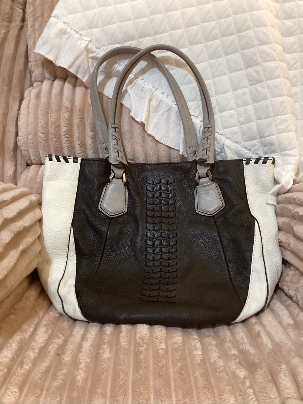orYANY Two-Tone Black and White Leather Tote with Gray Handles